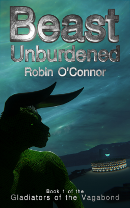 Beast Unburdened by Robin O' Connor. The outline of a giant rabbit man with a septum piercing is looking at a round, lit up building in a foggy, green landscape.