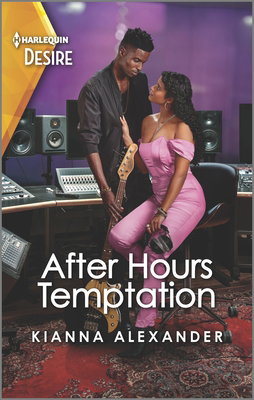 After Hours Temptation by Kiana Alexander. A Black couple in a recording studio. He is standing and wearing dark jeans and a dark shit and jacket. He's lightly holding a guitar at his side. She is sitting with her hand on his chest. She's rocking a pink jumpsuit and a pair of headphones dangles from her fingers.
