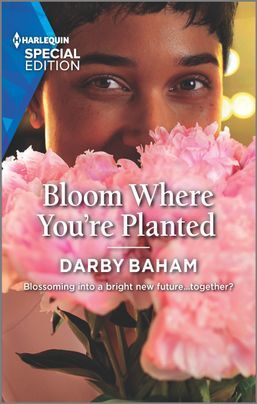 Bloom Where You're Planted by Darby Baham. A woman with medium brown skin looks over a bouquet of puffy pink flowers. Maybe carnations or peonies. 