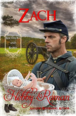 Zach by Hebby Roman. The top half of a Civil War soldier looks out onto a field with a canon. A tiny baby in a bassinet with floating shoes at the base of the bassinet lurks in the bottom lefthand corner. The title and author name is in bright red, script font.