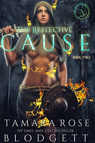 The Reflective Cause by Tamara Rose Blodgett. A woman is surrounded by fire and is wearing a chain mail crop top, revealing some significant underboob.