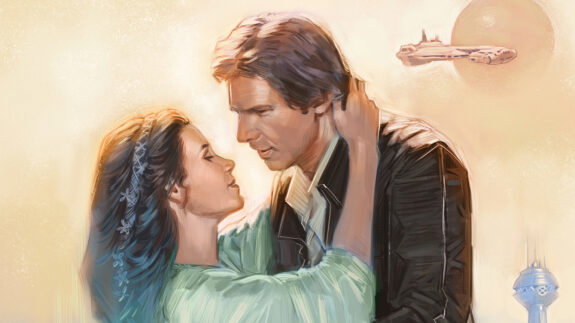 A watercolor illustration of Leia and Han as played by Carrie Fisher and Harrison Ford embracing against a sandy space background