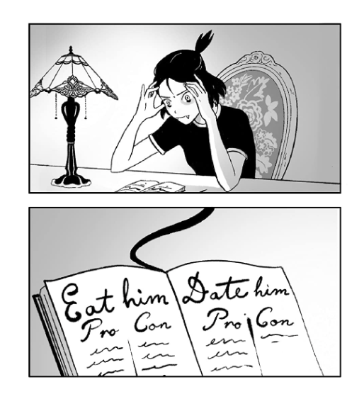 A two panel illustration of Elsie looking at an open book beside an ornate lamp with both hands pressed to her forehead deep in thought the next panel shows her book with two pages EAT HIM PRO/CON and then DATE HIM PRO/CON - the pro list under date him is much longer than the con list