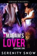 The Madam's Lover by Serenity Snow. One woman has her back to us. She is topless and has on tight leather shorts. Her back appears to be very long. Another woman is in the background looking at her while a jaguar stalks nearby.