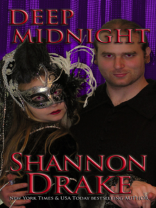 Deep Midnight by Shannon Drake. The cover looks like a candid photo someone took at a 90s Halloween party. A dude in a black shirt has a dead stare while a woman wearing a masquerade mask looks over her shoulder.