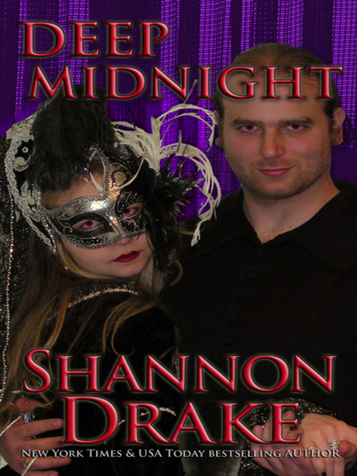 Deep Midnight by Shannon Drake. The cover looks like a candid photo someone took at a 90s Halloween party. A dude in a black shirt has a dead stare while a woman wearing a masquerade mask looks over her shoulder. Both have red eyes and they're standing in front of bright purple curtains.