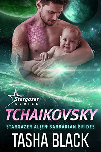 Tchaikovsky by Tasha Black. A man with scales on one pec and arm holds a naked baby. There is a giant green lens flare in the center.
