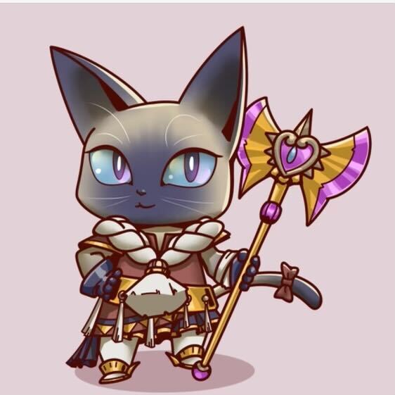a custom illustration of a siamese cat possibly Pudding with a two-sided axe in pinkand gold
