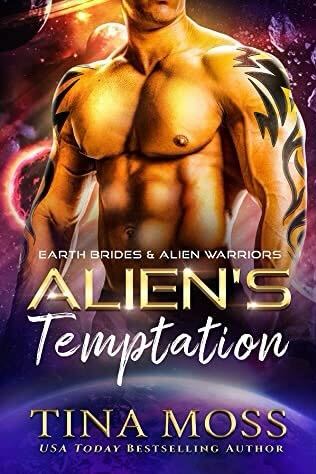 Alien's Temptation by Tina Moss. A shirtless, headless dude stands behind a giant purple planet. He is an orange-yellow in color and is covered in tribal tattoos.