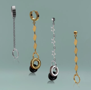 Four designs from 3rd Try: silver chain with hoop, gold diamonds with hoop, silver star post and gold diamonds on a post earring