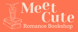 Meet Cute Romance Bookshop with a line dawing of books and a fizzy drink with two straws at on a peach background