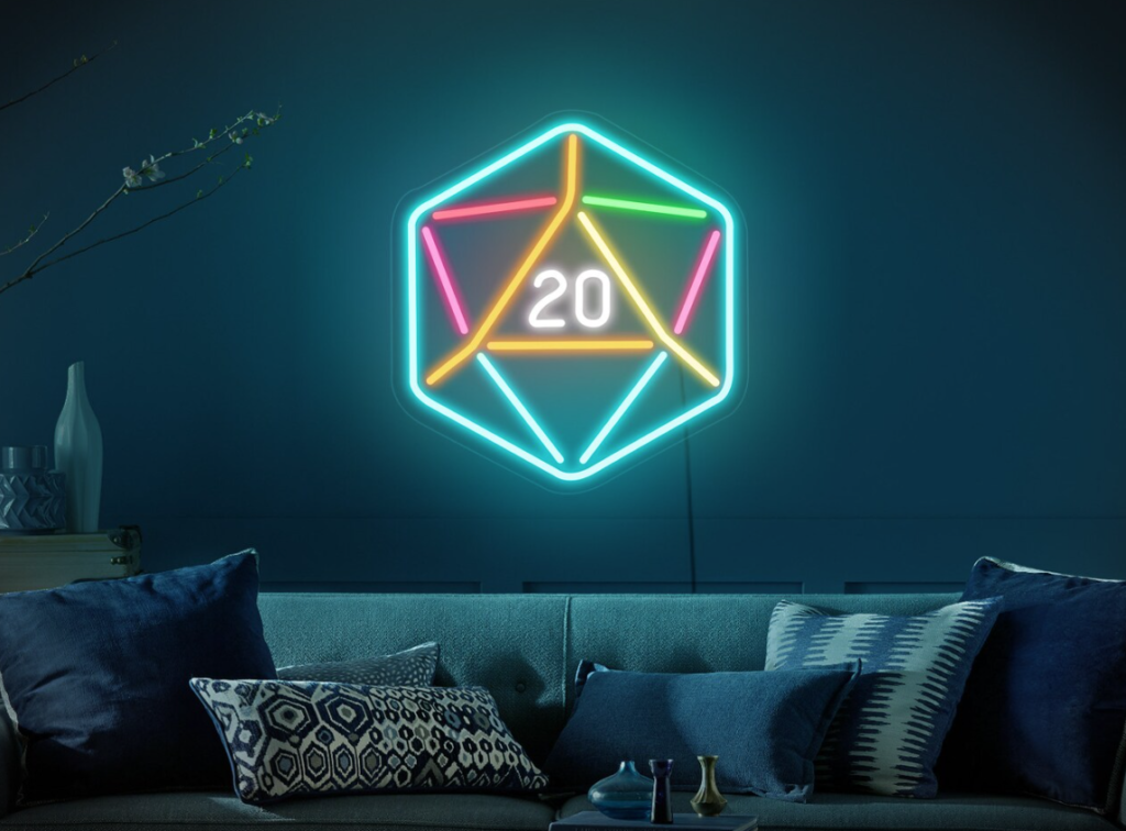 A neon D20 sign in teal, yellow, and red, with a white 20 symbol on the face.