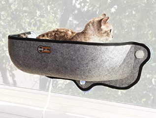 Grey felt window cat bed with a heated surface and high sides for maximum cat tv watching