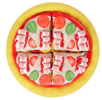 A fabric mat for hiding treats that looks like a pizza with topping