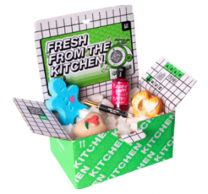 Lush Kitchen box with bottles and bath bombs inside 