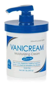 Vanicream in a blue and white plastic tub with a pump-top