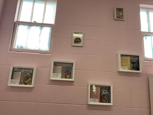 A close up of A pink wall with a high ceiling and white windowbox frames of some classic category romances and covers