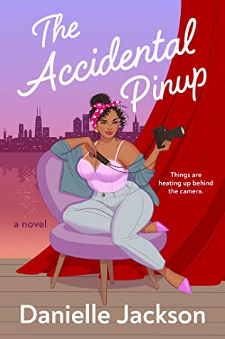 The Accidental Pinup by Danielle Jackson. An illustrated cover of a curvy black woman sitting on a chair. Her curls are in a bun and held back by a red and white polka dotted headband. She has on tight, light jeans, a pink bustier, pink ballet flats, and a muted blue cardigan. She is holding a camera in one hand and a skyline is in the background.