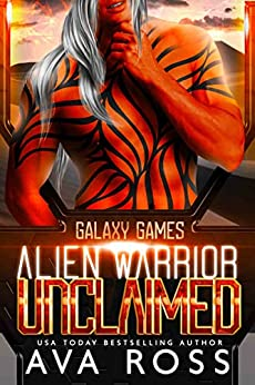 Alien Warrior Unclaimed by Ava Ross. A bright orange man with swirling black designs on his bare chest. He has long silvery hair and is surrounded by a fiery desert.