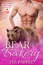 Bear in a Bakery by Liz Paffell. A hot pink cover with yet another shirtless man standing behind a smaller grizzly bear, who is on all fours.
