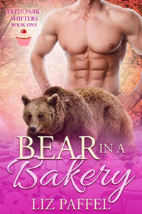 Bear in a Bakery by Liz Paffell. A hot pink cover with yet another shirtless man standing behind a smaller grizzly bear, who is on all fours.