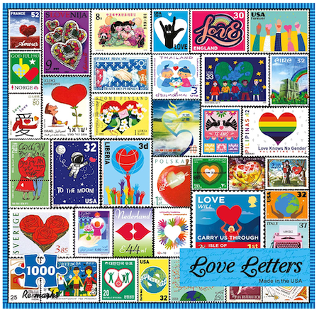 A collage puzzle of different stamps featuring love and hearts from around the world