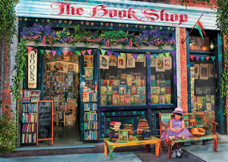 The Book Shop Puzzle - an illustration of a bookshop with a wondow and stalls crampped with books with a young person in a purple dress and hat sitting out front with an orange cat