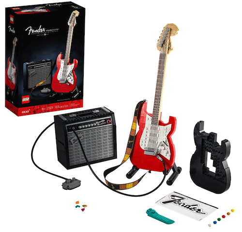 LEGO Stratocaster guitar building set with red electric guitar and a tiny amp