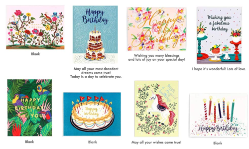 Close up of birthday cards with flowers, a multi tiered cake, flower and a horse with different greetings for each card