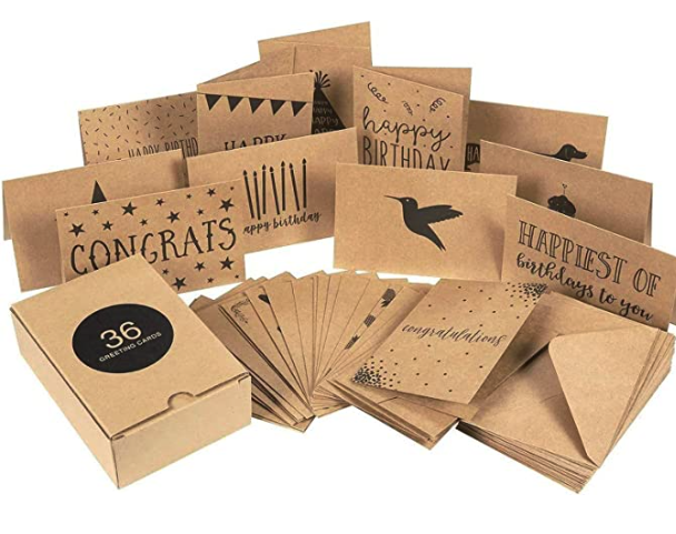 Brown kraft paper greeting cards with different greetings in black printed ink