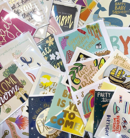 Samples of letterpress cards in a grab bag assortment including birthday, baby, and mazel tov