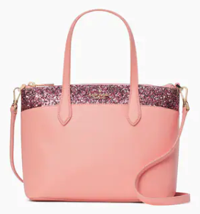 Rose pink satchel with a border of pink glitter at the top