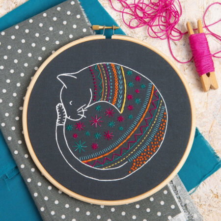 A colorful cat embroidered on black fabric. The cat is curled into a ball sleeping.