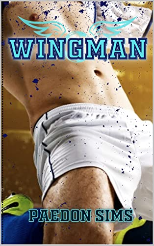 Wingman by Paedon Sims. A shirtless and headless soccer player in tiny white shorts. Dirt appears to be flying up against his shirts and chest, but the splatter is also blue.