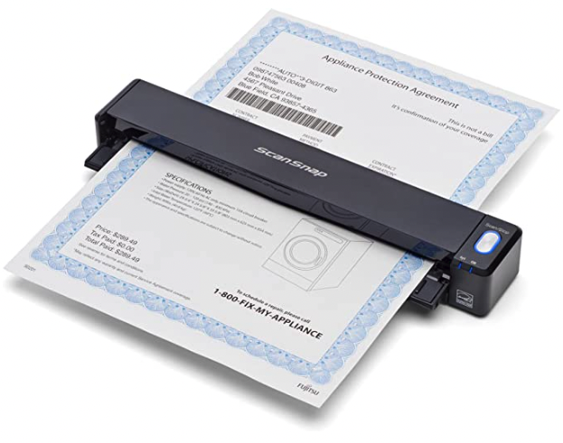 Fujitsu wireless scanner that's basically a black plastic flat bar that you scan documents into. there's a blue bordered document halfway in the scanner in this picture