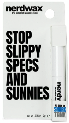 Nerdwax in the packaging which says in black type on a white background STOP SLIPPY SPECS AND SUNNIES NerdWax 