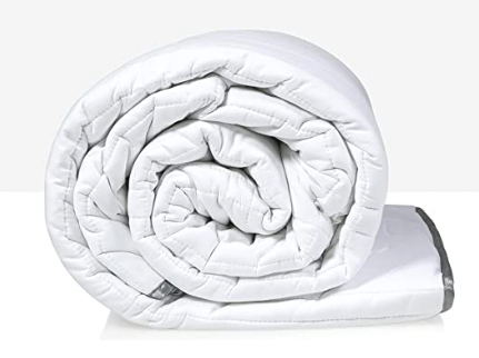 A rolled up white quilted blanket with a shiny grey trim. Pictured from the side it kind of looks like a snail 