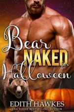 Bear Naked Halloween by Edith Hawkes. A very tan shirtless man appears to be melting into a pumpkin. A grizzle bear lurks in the bottom left hand corner