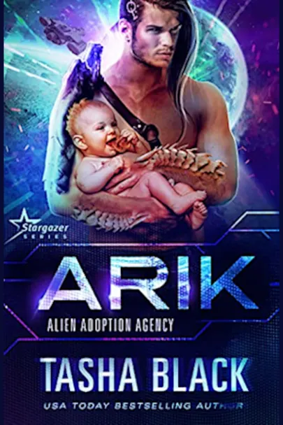 Arik by Tasha Black. A shirtless man has armor on one shoulder and that's it. His long hair is flipped over on one side of his head and shaved short on the other. His forearms are covered in ridges that look like vertebrae. He's also holding a naked baby who has a mohawk and is about to put some unidentified item in its mouth.