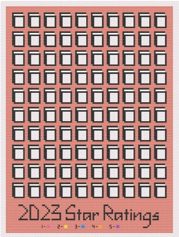 A cross stitch pattern with 100 tiny books and the words 2023 Star Ratings at the bottom with a color code for each star rating below 