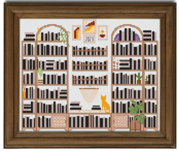 A cross stitch pattern of some bookshelves with curved tops and lots of books all over the shelves, both upright and laying on their sides