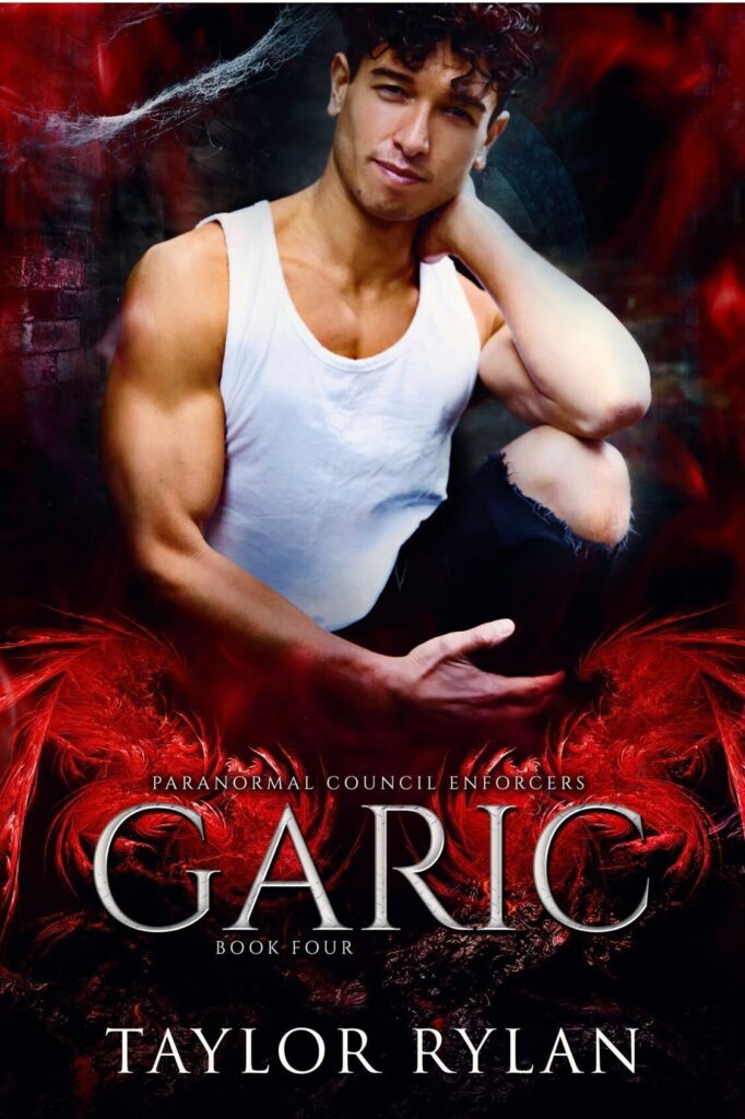 Garic by Taylor Rylan. A man in a white tank top and dark jeans is crouched amidst red smoke. The title definitely gives a double take. Is this man named Garlic. The clothing choices even make him look like a garlic bulb.