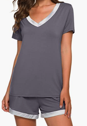 Grey short pajamas with a vneck and accented trim on the neckline and short hem 