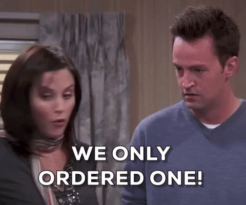 Monica from Friends says We only ordered one! as Chandler looks on 