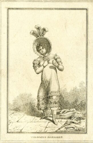 Drawing of The Boxing Baroness wearing her chemise and petticoats and an ornate bonnet