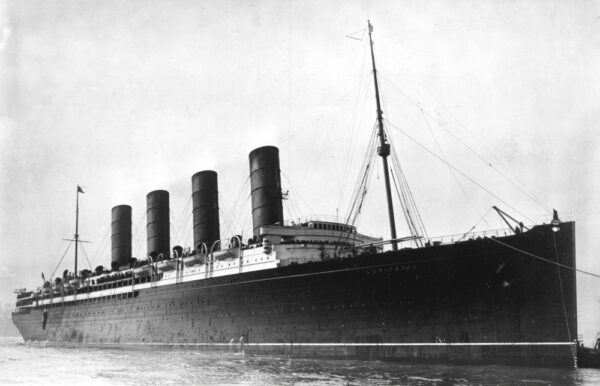 Black and white photo of the Lusitania in sail