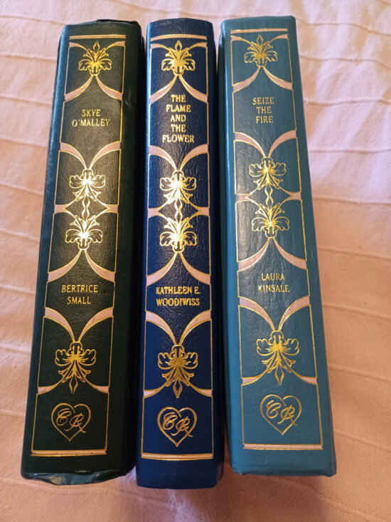 An overheard view of three hardcover books in green dark blue and light blue leather with gold foil stamps
