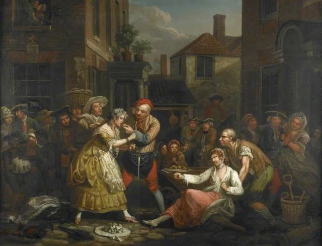 painting of a crowd watching two women square off in what may be an impromptu brawl
