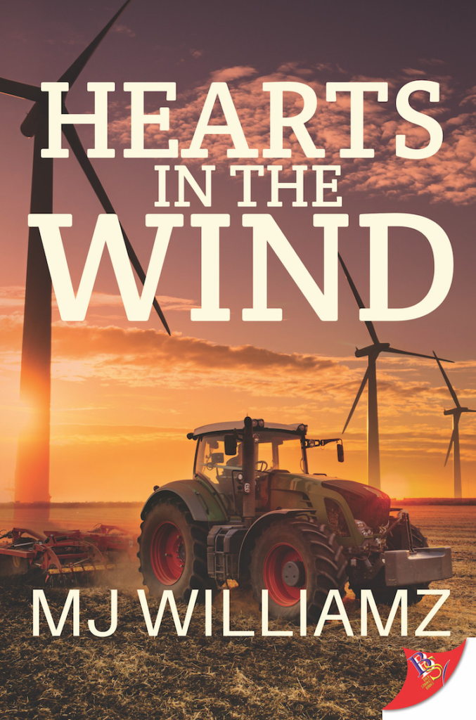 Hearts in the Wind by MJ Williamz. A tractor in a giant field with wind turbines, though it doesn't really scream sapphic romance or a romance at all.