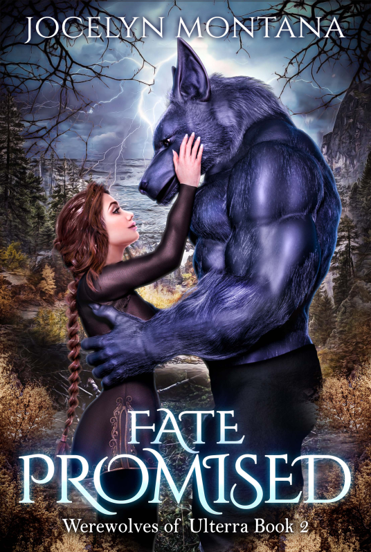 Fate Promised by Jocelyn Montana. A purpose were wolf man and a woman with a brunette braid in a forest. He is holding her waist and she is touching his face.